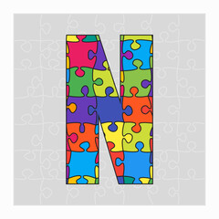 Colorful puzzle letter - N. Jigsaw creative font