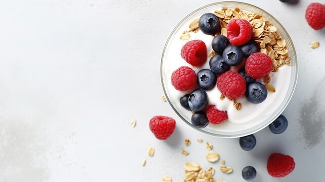 Breakfast parfait made from Greek yogurt and granola topped with fresh berries, top view Generative AI