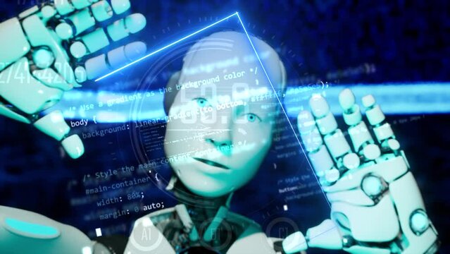 robot humanoid animation looking at data elements analyzing and calculating. He thinks, writes software code and determines the future trend. Camera zoom out from eyes to hands in screen pose. Modern 
