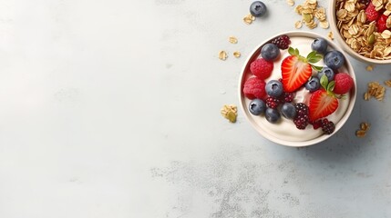 Obraz na płótnie Canvas Breakfast parfait made from Greek yogurt and granola topped with fresh berries, top view Generative AI