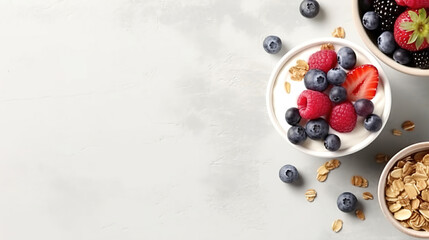 Naklejka na ściany i meble Breakfast parfait made from Greek yogurt and granola topped with fresh berries, top view Generative AI