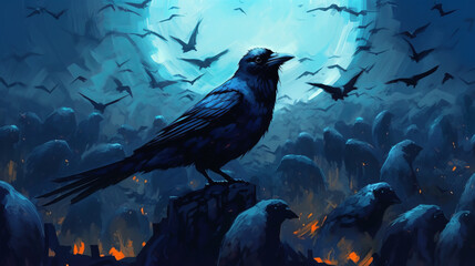 Black crows sit on a branch and discuss bird gossip and envy. Generative AI.