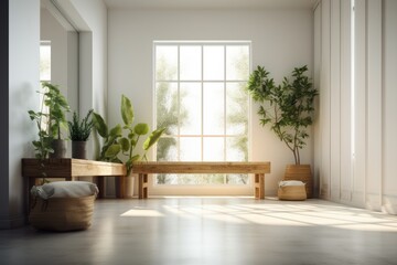 Fototapeta premium a room with a white wall and plants on the floor,. Generative AI