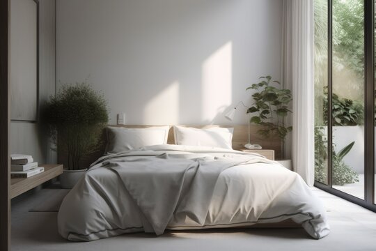 A window facing a patio with plants, a double bed with pillows and cushions, white towels, and an upholstered headboard in gray fabric. Generative AI
