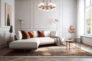 a sleek, traditional interior. Couch, pillows, and floor lamps White walls and a carpeted wooden floor. Generative AI