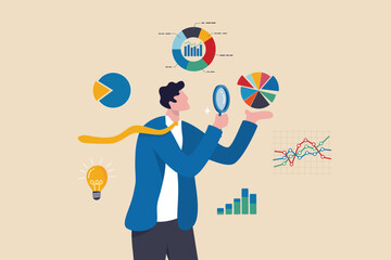 Data analysis chart and report, financial research or analyze information for marketing insight, analytics or optimization diagram, smart information, businessman analyze data with magnifying glass. - 622611141