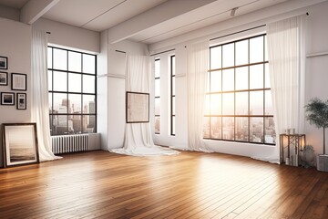 Obraz premium A white loft interior room with a brown hardwood floor, windows, and drapes has a blank frame in the center. a mockup. Generative AI