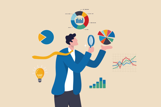 Data analysis chart and report, financial research or analyze information for marketing insight, analytics or optimization diagram, smart information, businessman analyze data with magnifying glass.