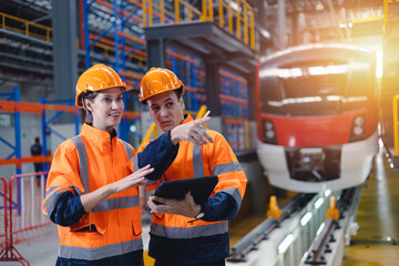 Engineer man and women worker working team together in electric train service depot transport industry factory technician mechanic staff.