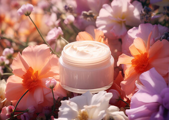 Blank cosmetic moisturizer cream jar on a bed of flowers. Concept of natural and organic skincare product presentation 