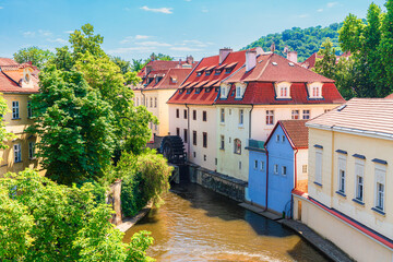 Picturesque view of Čertovka (Devil's Canal) in Vltava River, Prague, Czech Republic