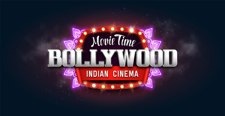 Bollywood indian cinema. Movie banner or poster with retro billboard. Vector illustration.