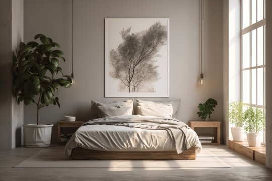 Above the bed in the bedroom was an empty frame. Large indoor plant lying on the ground. Generative AI