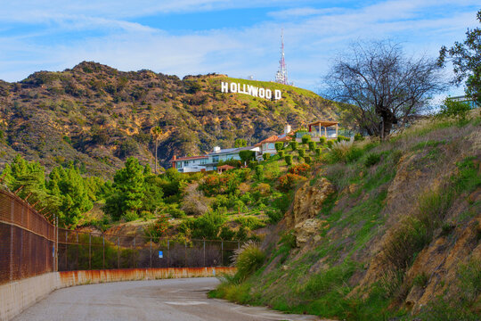 Los Angeles, California - December 22, 2022: View of the Hollywood Sign from the Residential Area near the Hollywood Reservoir
