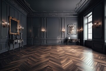 Fototapeta premium A traditional, opulent, vacant room with a parquet floor and a wall decorated with stucco panels, molding, and frames. Large, open studio with furniture and a mock up for advertising products