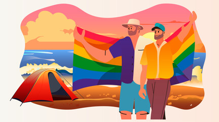 guys with lgbt rainbow flag at beach camping gay lesbian love parade pride festival transgender love concept