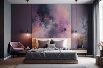 A tiny bedroom with a vividly colored picture on the wall. The bed in the middle is gray. a mockup of a contemporary interior. photo and artistic background. Generative AI
