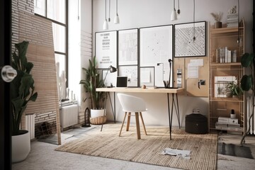 Fototapeta na wymiar a study space with a modern contrast décor in the loft style. Generative AI