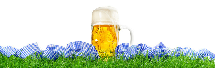 Oktoberfest Panorama Bavarian Flag with Meadow and Beer - Transparent PNG Background