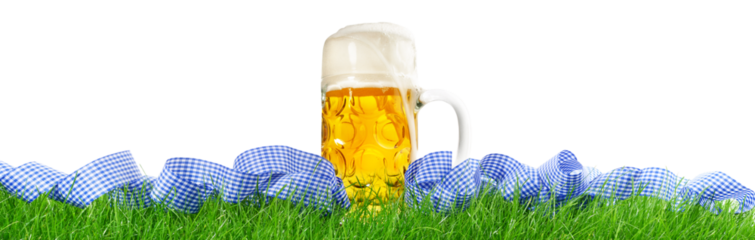 Oktoberfest Panorama Bavarian Flag with Meadow and Beer - Transparent PNG Background