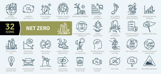  Net Zero and reduction of emissions by 2050 icon pack. Collection of thin line icons