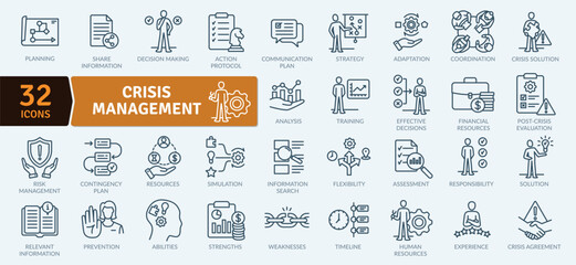  Collection of crisis management icons and tools to avoid it. Thin line icons set. Simple vector icons