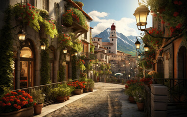 Fototapeta premium Street in the town with vintage buildings in the morning.