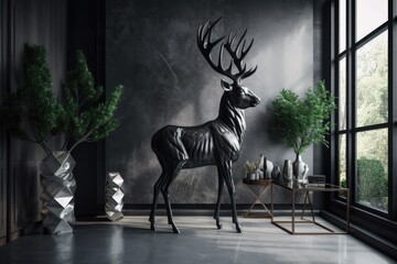 A stylish living area featuring a metal deer on marble for wall art and a bas relief of plants. plaster ornaments Interior of a contemporary, luxurious room. Generative AI