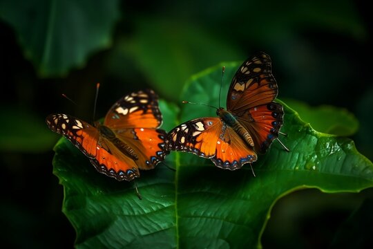 two butterflies on a leaf, realistic nature photo, generative ai