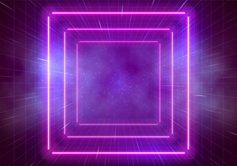 Neon tunnel. Portal with light effects. Retro abstract background. Vector illustration.