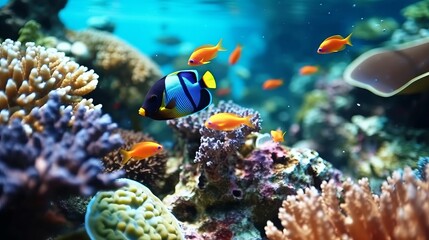 Naklejka na ściany i meble Beautiful coral reef with colorful tropical fish in the water. Vivid Underwater world with corals and tropical fish.
