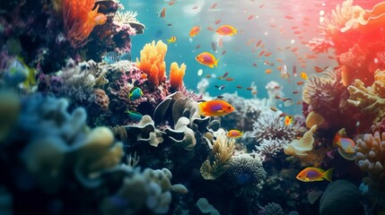 Beautiful coral reef with colorful tropical fish in the water.  Vivid Underwater world with corals and tropical fish.