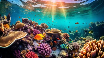 Beautiful coral reef with colorful tropical fish in the water.  Vivid Underwater world with corals and tropical fish.