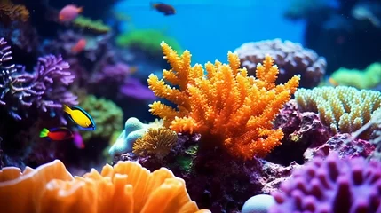 Schilderijen op glas Tropical fish and coral reef in the Red Sea. Egypt. Colorful tropical coral reef with fish.  Beautiful Underwater world. Vibrant colors of coral reefs under bright  light. AI generated illustration © Valua Vitaly