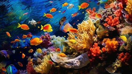 Naklejka na ściany i meble Tropical fish and coral reef in the Red Sea. Egypt. Colorful tropical coral reef with fish. Beautiful Underwater world. Vibrant colors of coral reefs under bright light. AI generated illustration
