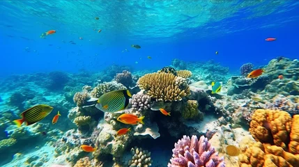 Rolgordijnen Beautiful coral reef with colorful tropical fish in the water.  Vivid Underwater world with corals and tropical fish. © Valua Vitaly