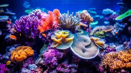 Colorful tropical coral reef with fish. Vivid multicolored corals in the sea aquarium. Beautiful Underwater world. Vibrant colors of coral reefs under bright neon purple light. AI generated 