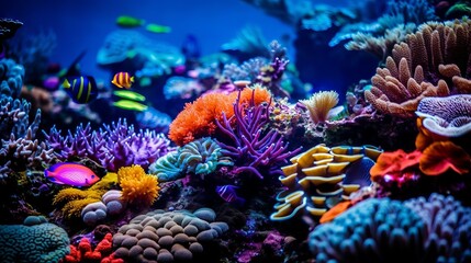 Colorful tropical coral reef with fish. Vivid multicolored corals in the sea aquarium. Beautiful Underwater world. Vibrant colors of coral reefs under bright neon purple light. AI generated  © Valua Vitaly