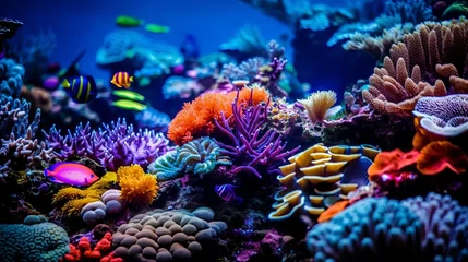 Zelfklevend Fotobehang Colorful tropical coral reef with fish. Vivid multicolored corals in the sea aquarium. Beautiful Underwater world. Vibrant colors of coral reefs under bright neon purple light. AI generated  © Valua Vitaly