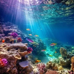 Muurstickers Tropical fish and coral reef in the Red Sea. Egypt. Colorful tropical coral reef with fish.  Beautiful Underwater world. Vibrant colors of coral reefs under bright  light. AI generated illustration © Valua Vitaly