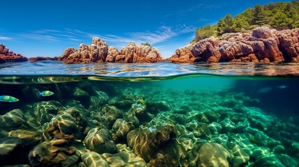 Underwater view of the rocks  in the Mediterranean Sea.  Beautiful seascape with turquoise sea water. Composition of nature. Beautiful seascape with crystal clear water. 3d render