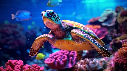 Sea turtle swimming in the ocean among colorful coral reef.  Underwater world. Hawaiian Green sea...