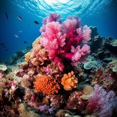 Fototapeta na wymiar View from below of a beautiful colorful coral reef with a water column through which sunlight breaks through. Colorful Tropical coral reef and fish in the Sea. Pink coral reef in the deep blue ocean.