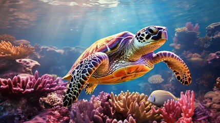 Sea turtle swimming in the ocean among colorful coral reef.  Underwater world. Hawaiian Green sea turtle swimming in coral reef.  Beautiful Underwater world. Marine life.  3d render illustration.. - Powered by Adobe