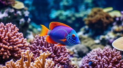Naklejka na ściany i meble Tropical fish in the Red Sea. Egypt. Colorful coral reef with tropical fish in the ocean. Underwater world. AI generated illustration. Closeup multicolored tropical fish in crystal clear azure water