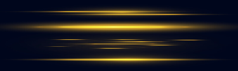 Gold horizontal lens flares pack. Laser beams, horizontal light rays. Vector illustration of yellow LED lamp shine, shimmering sunrise flash on horizon.