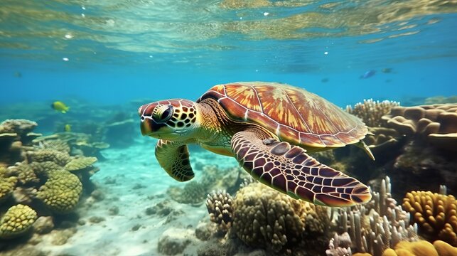 Sea turtle swimming in the ocean among colorful coral reef.  Underwater world. Hawaiian Green sea turtle swimming in coral reef.  Beautiful Underwater world. Marine life.  3d render illustration..