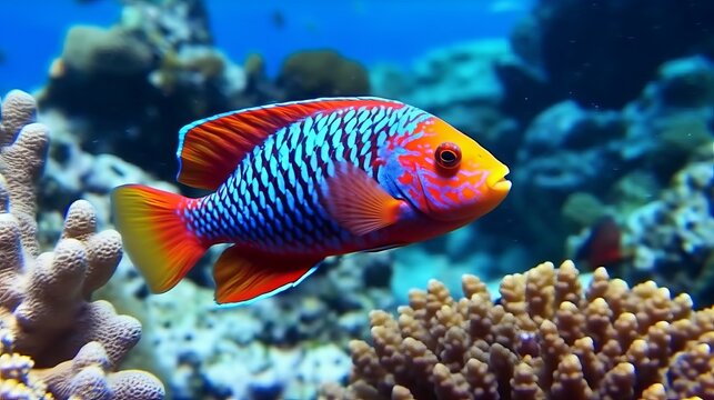 Tropical fish in the Red Sea. Egypt. Colorful coral reef with tropical fish in the ocean. Underwater world. AI generated illustration. Closeup multicolored tropical fish in crystal clear azure water
