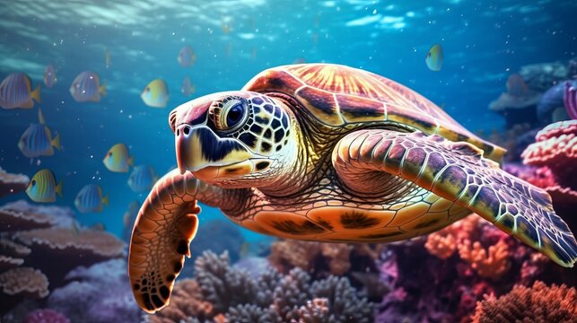 Sea turtle swimming in the ocean among colorful coral reef.  Underwater world. Hawaiian Green sea turtle swimming in coral reef.  Beautiful Underwater world. Marine life.  3d render illustration..
