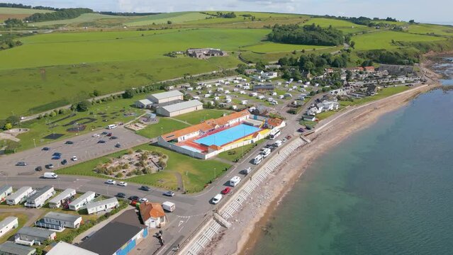 Aerial drone video of an open air swimming pool in Stonehaven